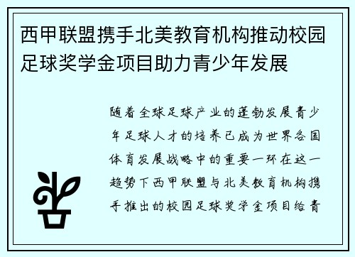 西甲联盟携手北美教育机构推动校园足球奖学金项目助力青少年发展